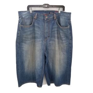 ECKO unlimited baggy fit blue jean shorts mens size 38 logo Marc distressed flaw